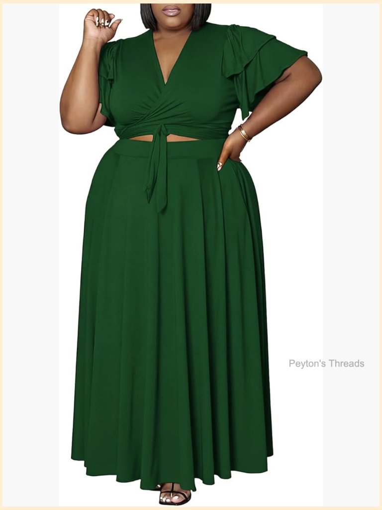 Plus Size 2 Piece Outfits Short Sleeve Wrap Crop Top Flowy Maxi Skirt Set